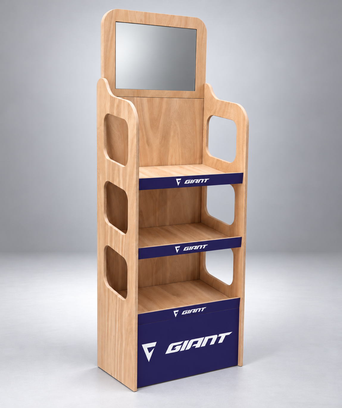 Display podłogowy ze sklejki Giant — stand rowerowy z lustrem i półkami